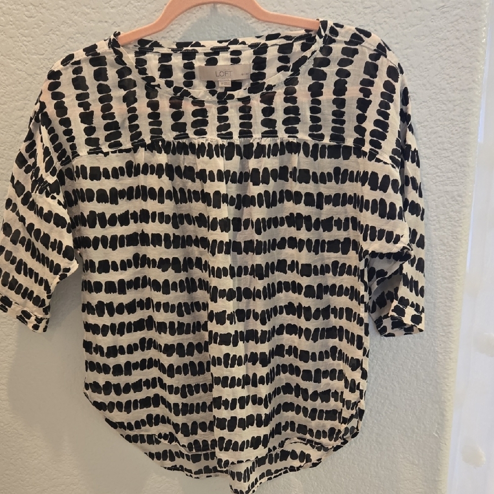 LOFT Black and White Relaxed Blouse with Bib Collar